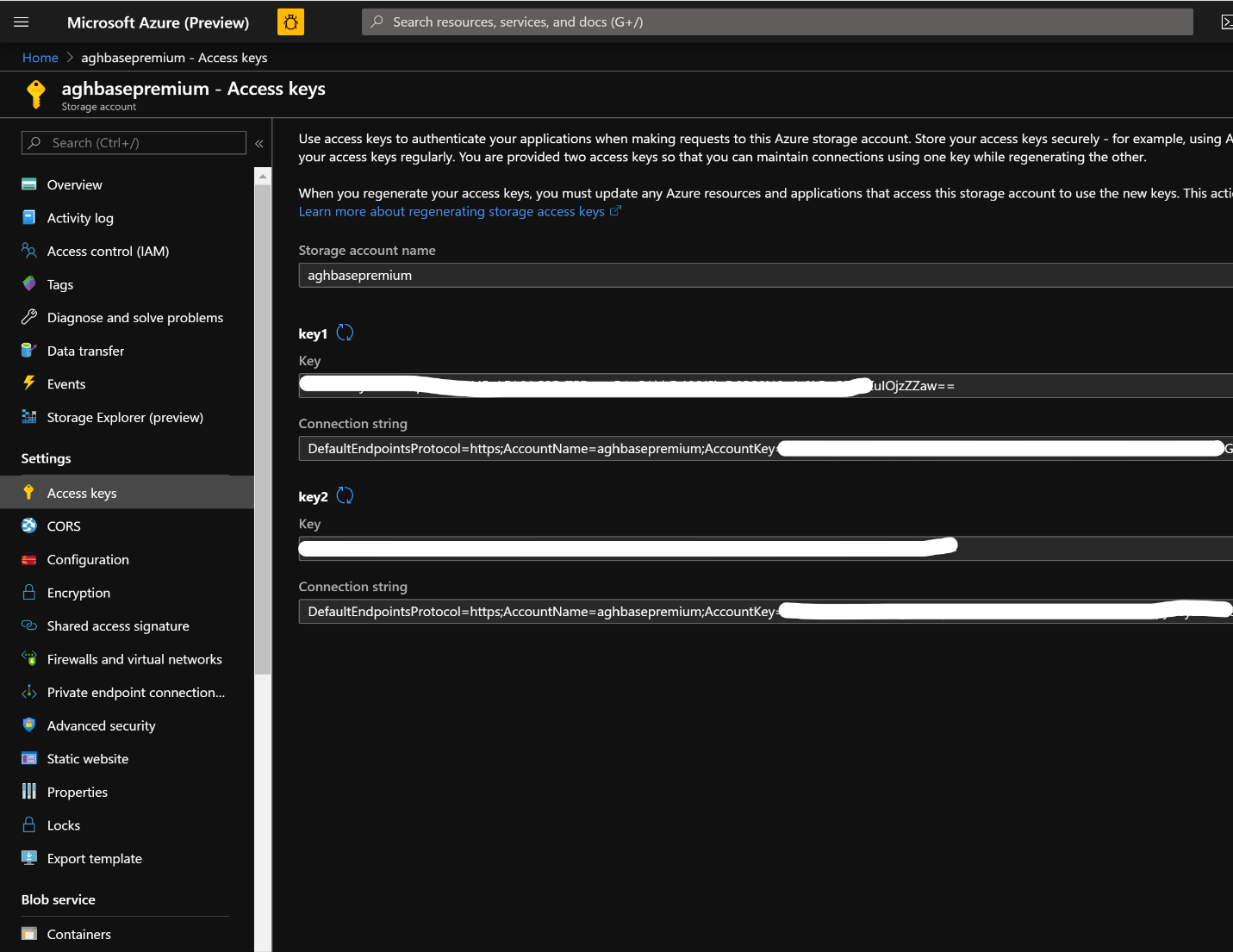 Storage account Access keys screen in the Azure Portal.