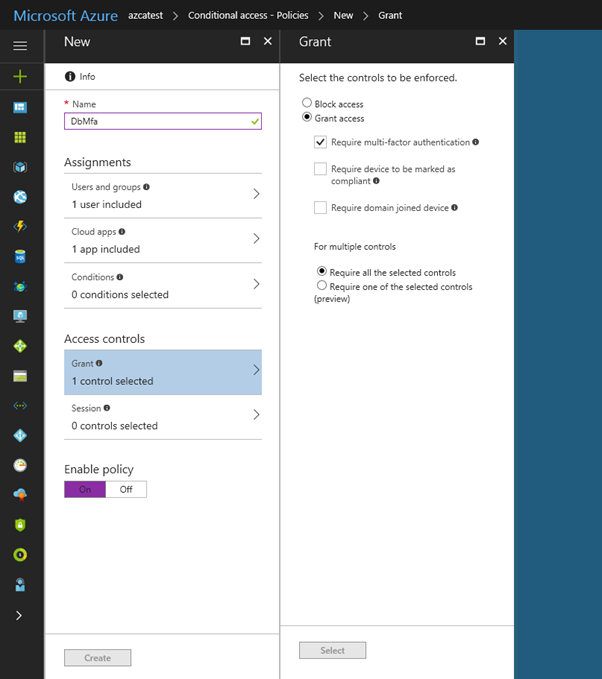 Select access controls in a Conditional Access policy in the Azure portal.