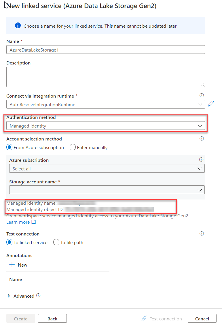 Setting managed identity information in a linked service.