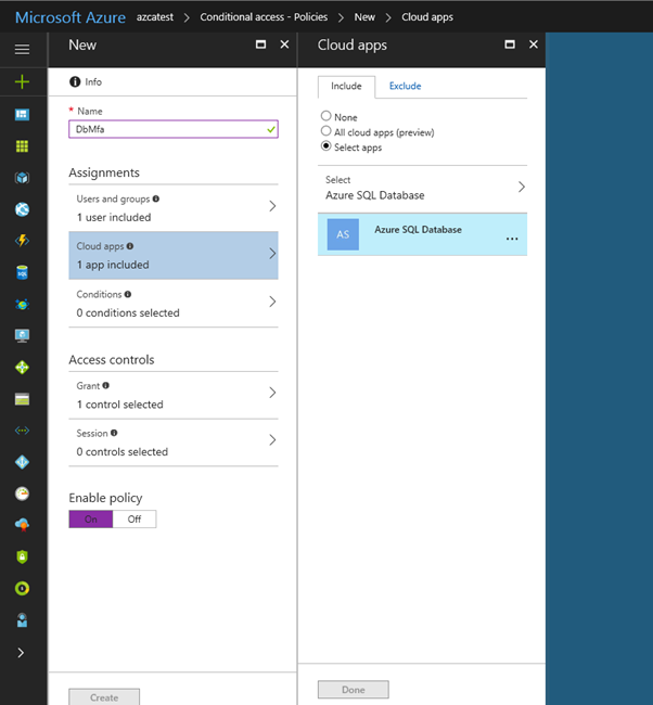 Selecting your service in a Conditional Access policy in the Azure portal.