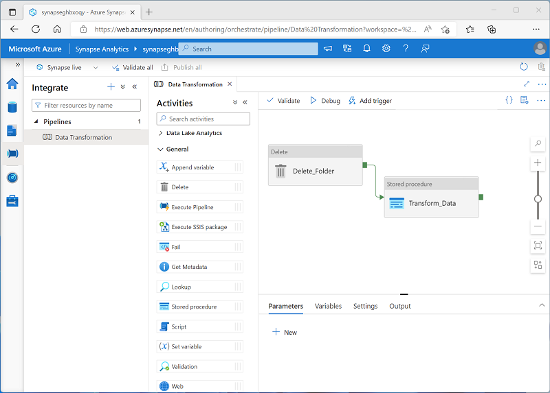 A screenshot of a pipeline containing a Delete activity and a Stored procedure activity.