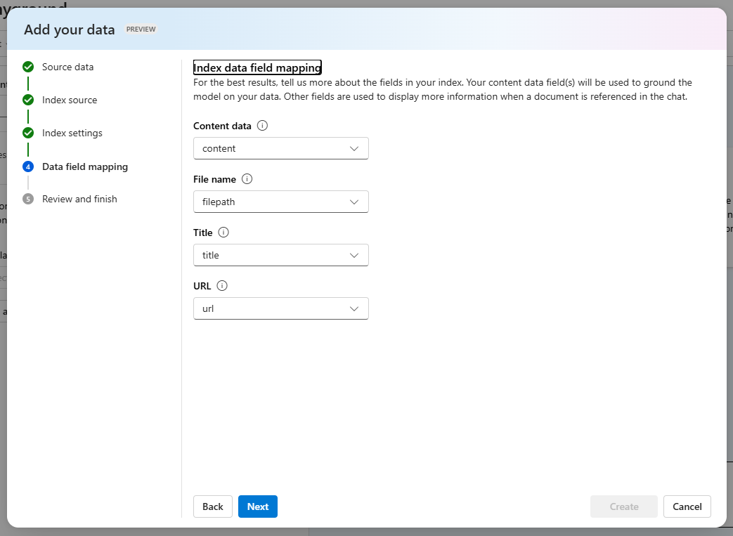 Screenshot of Azure AI Studio index field mapping.