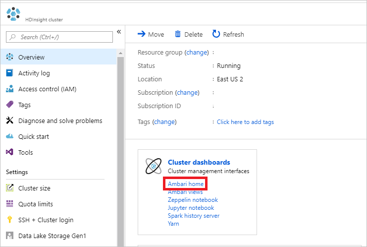 Accessing Apachi Ambari from the Azure portal