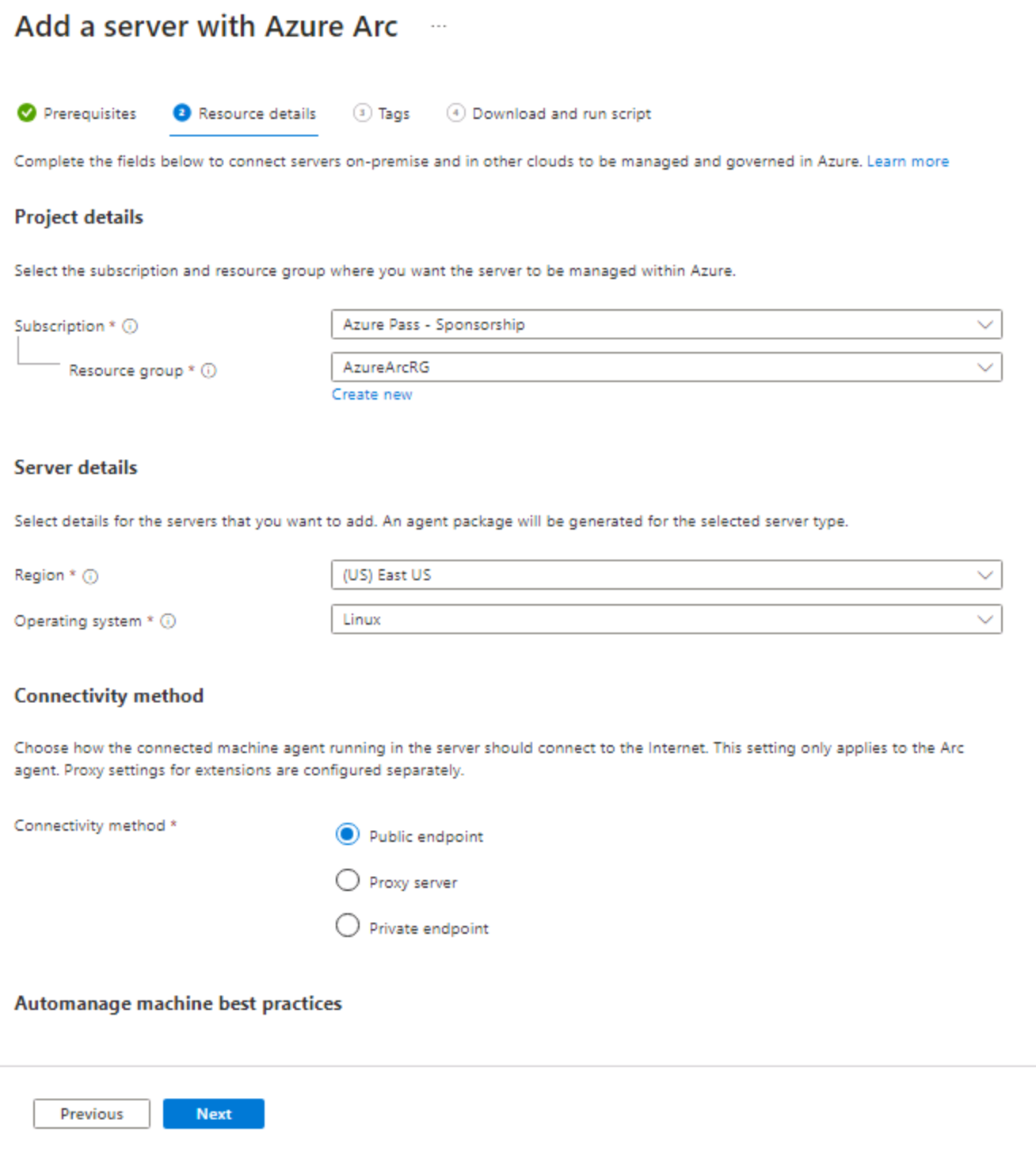 Screenshot of Add a server Azure Arc page.