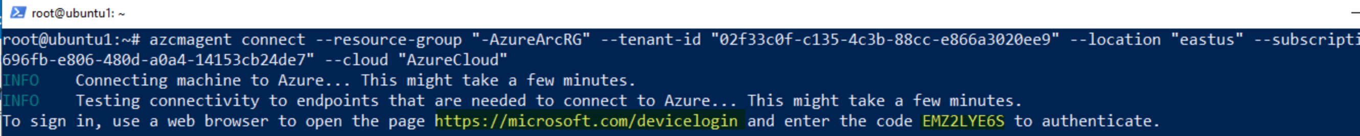 Screenshot of the azcmagent connection script running.