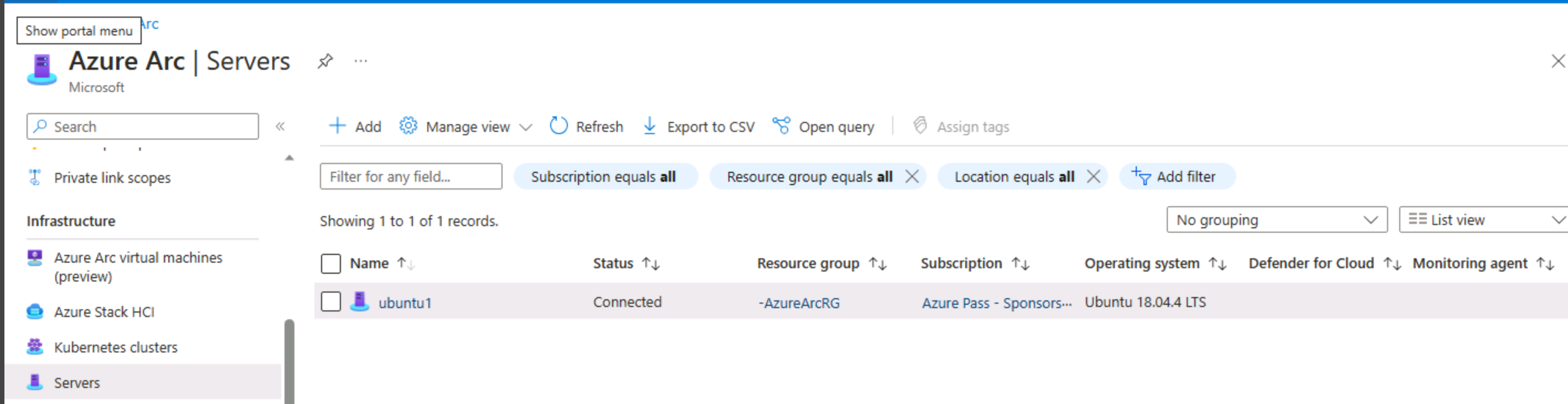 Screenshot of azure Arc connected Linux server