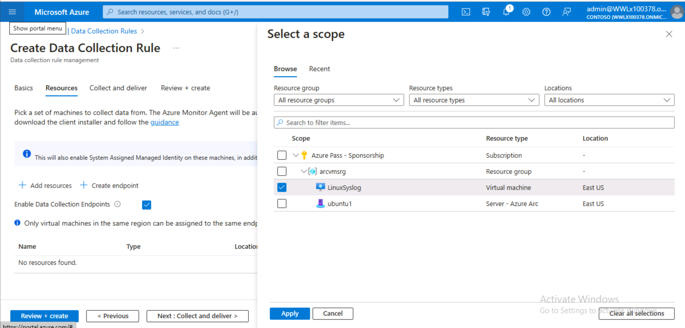 Screenshot of the Monitor Data Collection Rule Add resources and Sect a scope pages