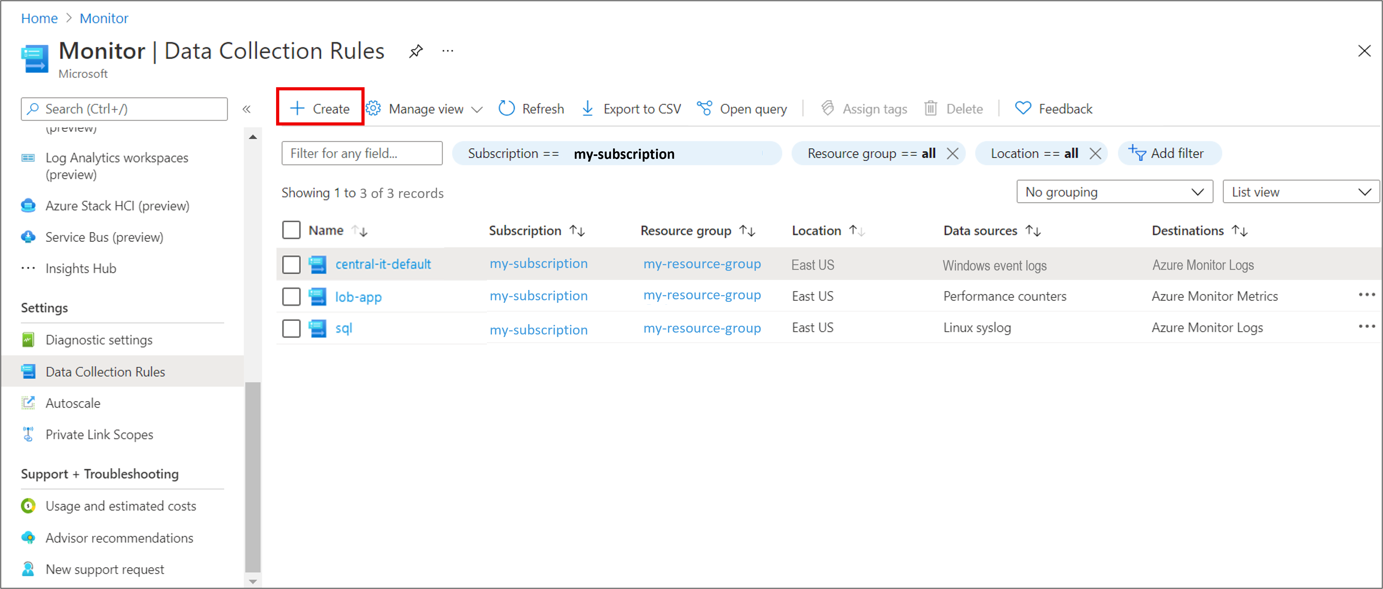 Screenshot of the Monitor Data Collection Rule create page.