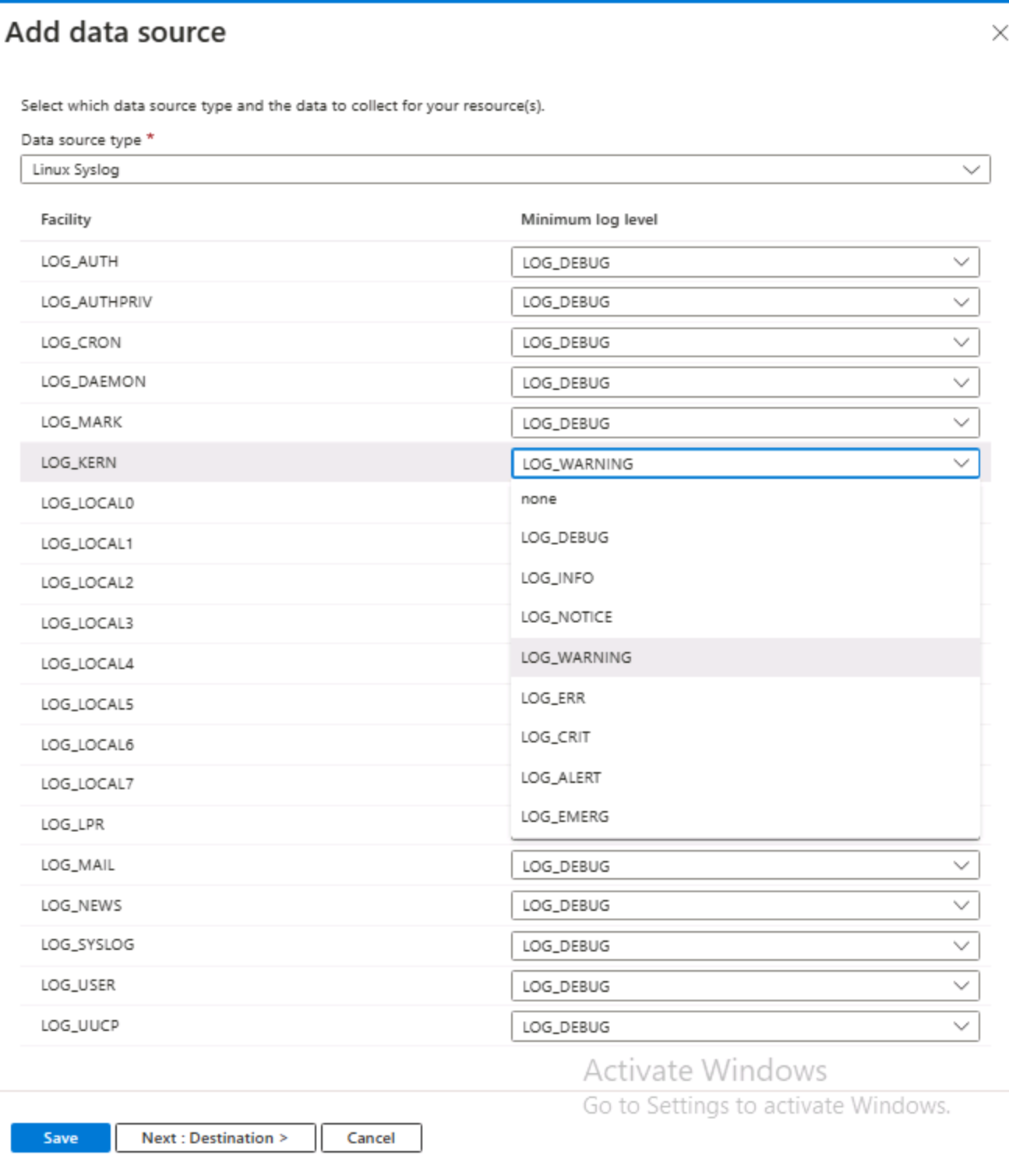 Screenshot of Linux Syslog facilities selections and minimum log levels.