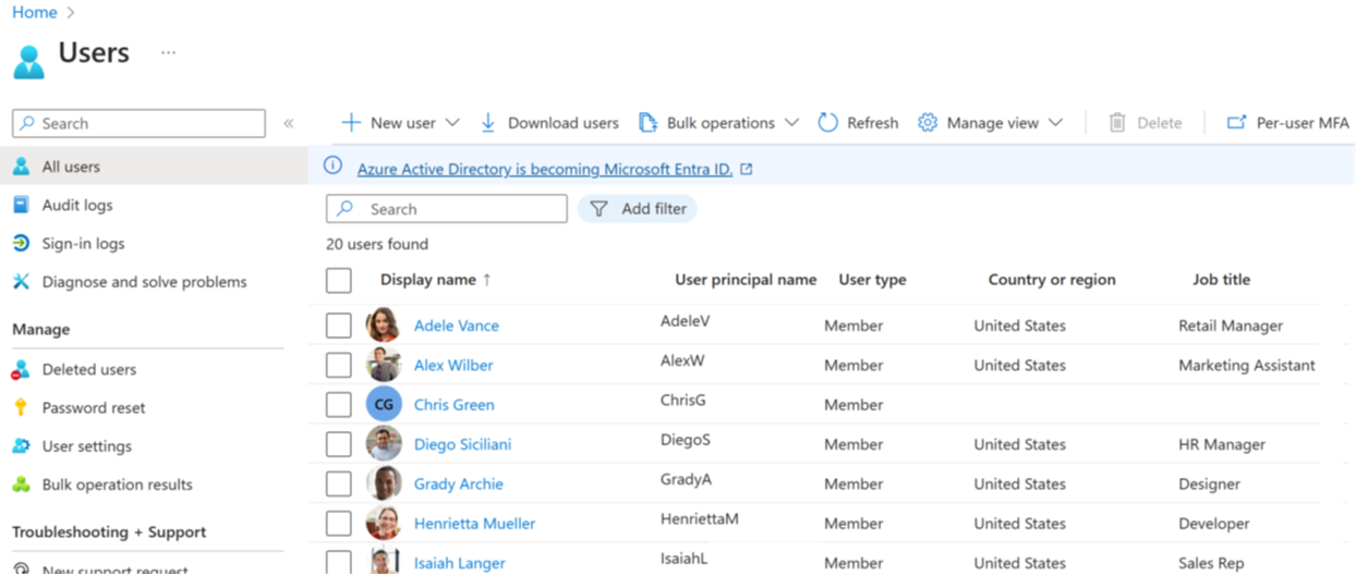 Screenshot of the Microsoft Entra ID view all users page.  It displays a list of the users in alphabetical order with basic information about each user like their full name, alias, and whether they are a member of the directory or a guest.