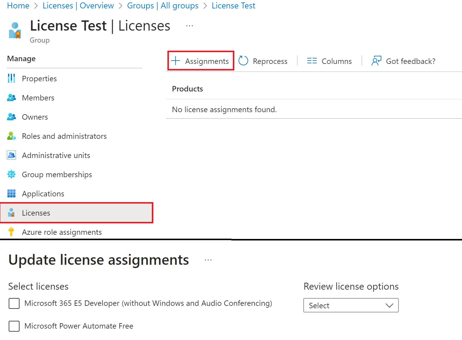 Screenshot of the group license page in Microsoft Entra ID. The add assignments option is selected.