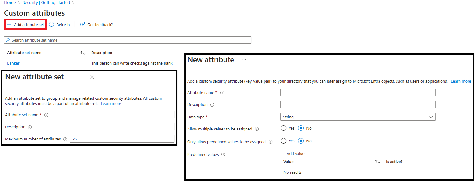 Screenshot of the Custom Security Attributes dialog. Create new security attributes of type String, Integer, or Boolean.