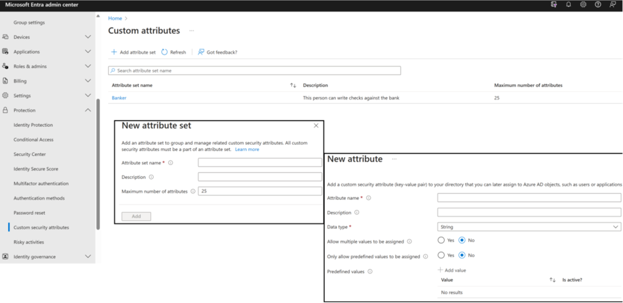 Screenshot of the Microsoft Entra ID new feature Custom Security Attributes.  You get to the feature in the base menu of Microsoft Entra ID.  You have the ability to create new security attributes of type String, Integer, or Boolean.