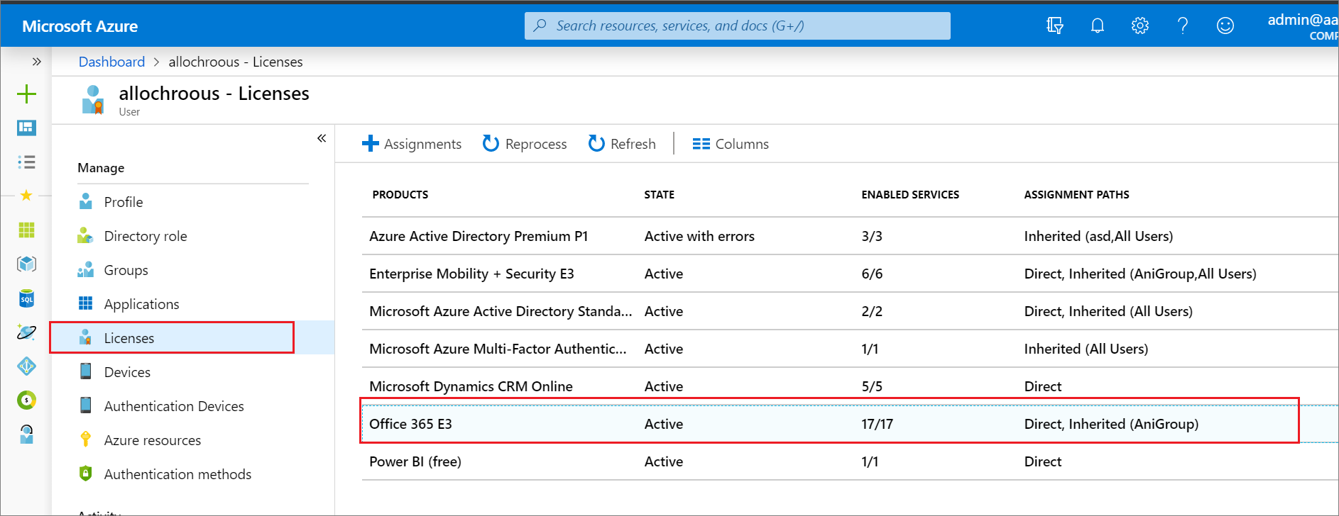 Screenshot of the Licenses page in Microsoft Entra ID.  The Office 365 E3 license is highlighted.  In the assignment paths column the license has direct assignments to some users, and that it has inherited users from a group named AniGroup). This is the expected user state during migration.