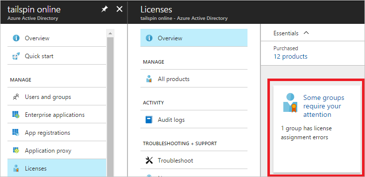 Screenshot of the Microsoft Entra ID licenses Overview page.  Shows information about licenses and if any group licenses are in error state.