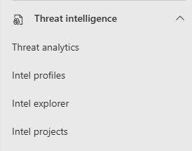 A screenshot of the selectable options for threat intelligence on the left navigation panel of the Microsoft Defender portal.