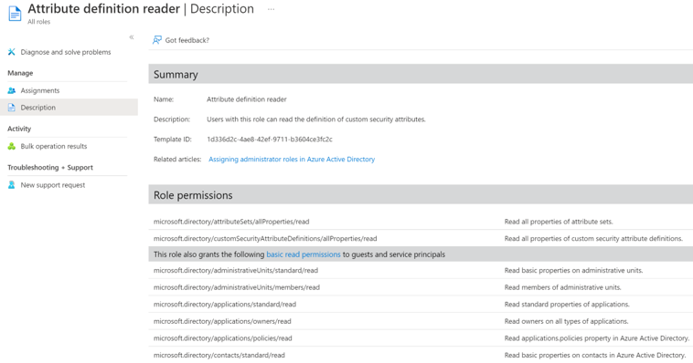 Screenshot of the Attribute definition reader.  You can see which permissions a built-in role grants.