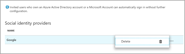 Screenshot of the Delete the Google identity provider page. Use the ellipsis at the end to open the delete command.
