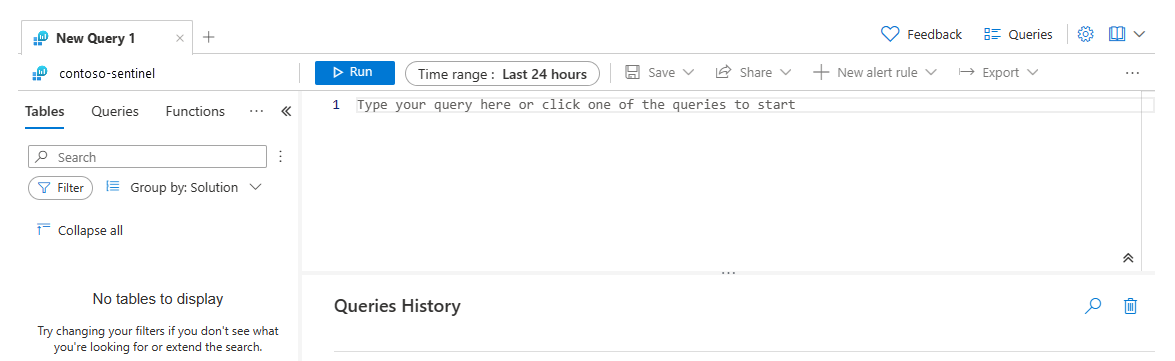 Screenshot of the default Logs page that shows four elements: the Header bar, the Tables pane, the Queries pane, and the Query results/history pane.