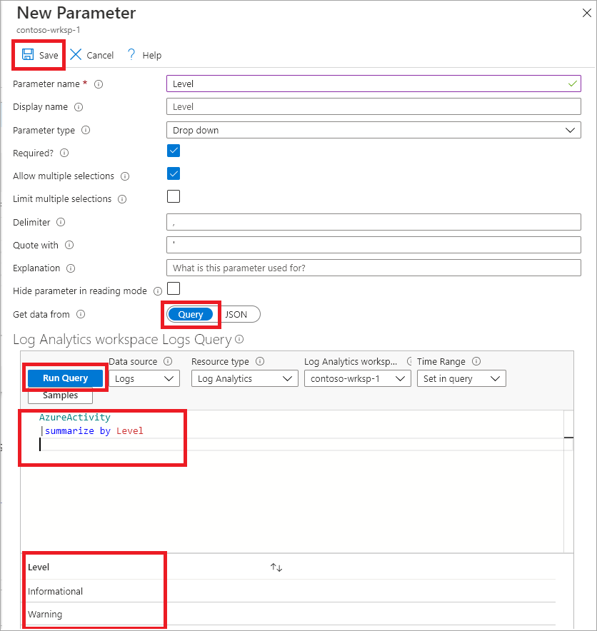 Screenshot of the New Parameter pane, with steps for adding a new parameter. The Save, Query, Run query options and the AzureActivity section are highlighted in the screenshot.