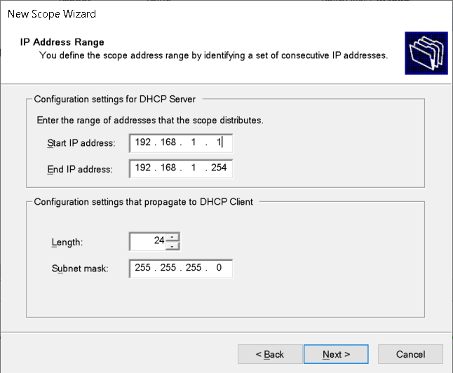 A screenshot of the New Scope Wizard. The administrator has entered a range of IP addresses for a scope on the IP Address Range page.