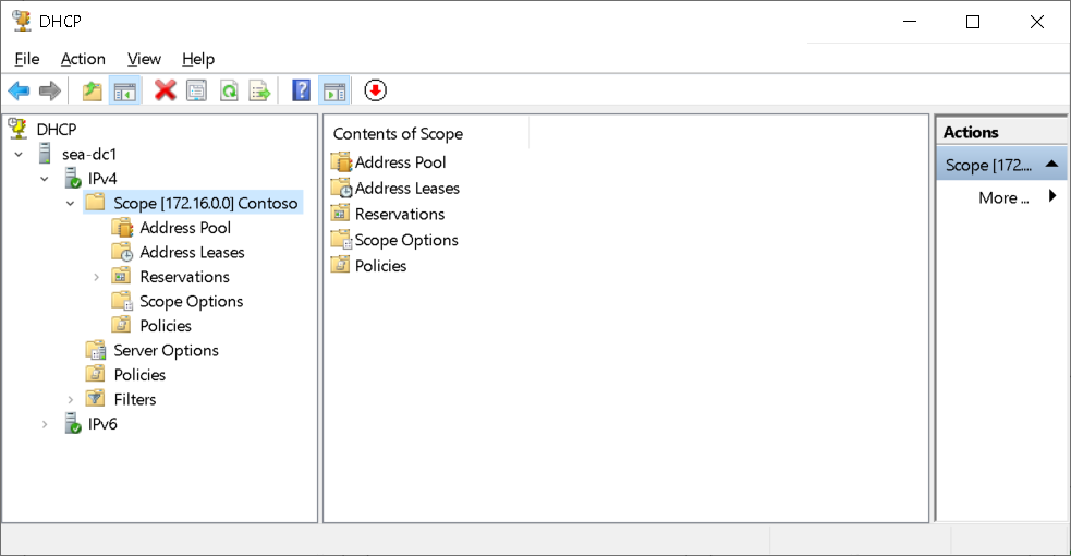 A screenshot of the DHCP console. The administrator has added a single server, sea-dc1.