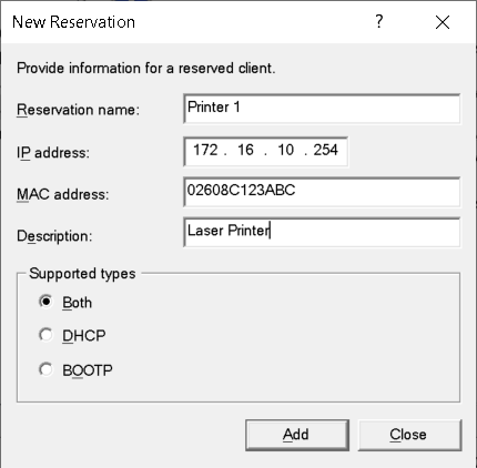 A screenshot of the New Reservation dialog box. The administrator has added the required details as described in the following text.