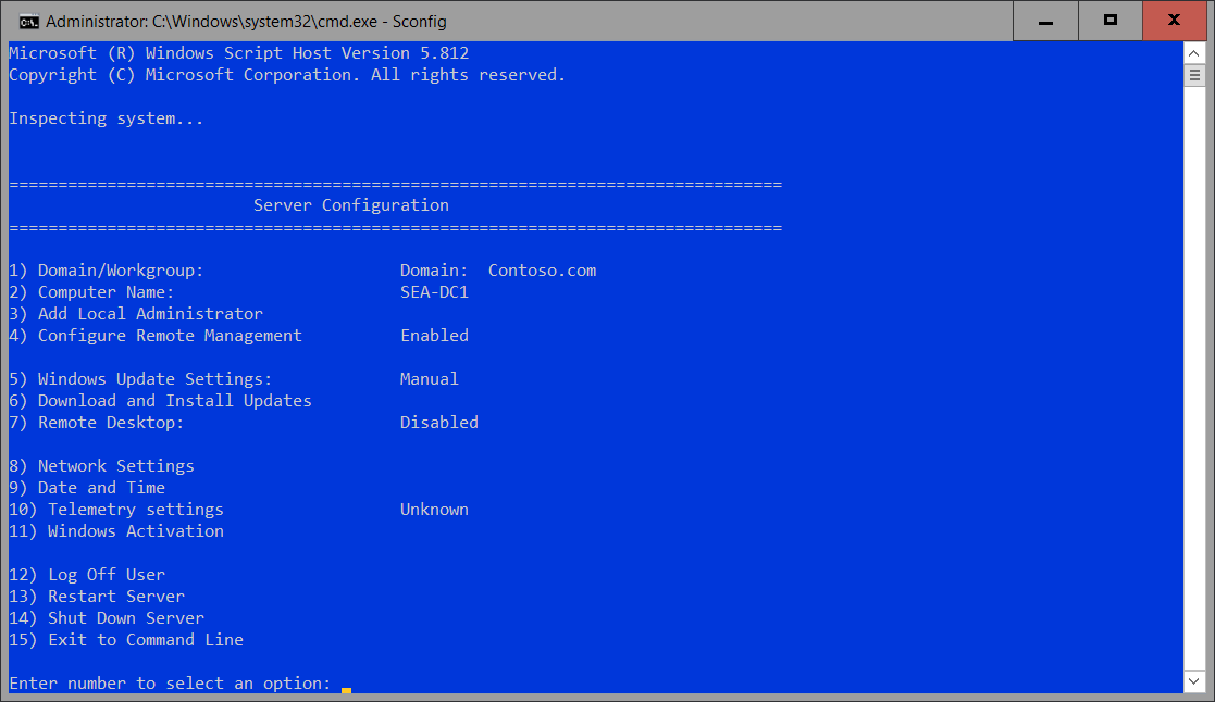 A screenshot of SConfig in an elevated Command Prompt window.