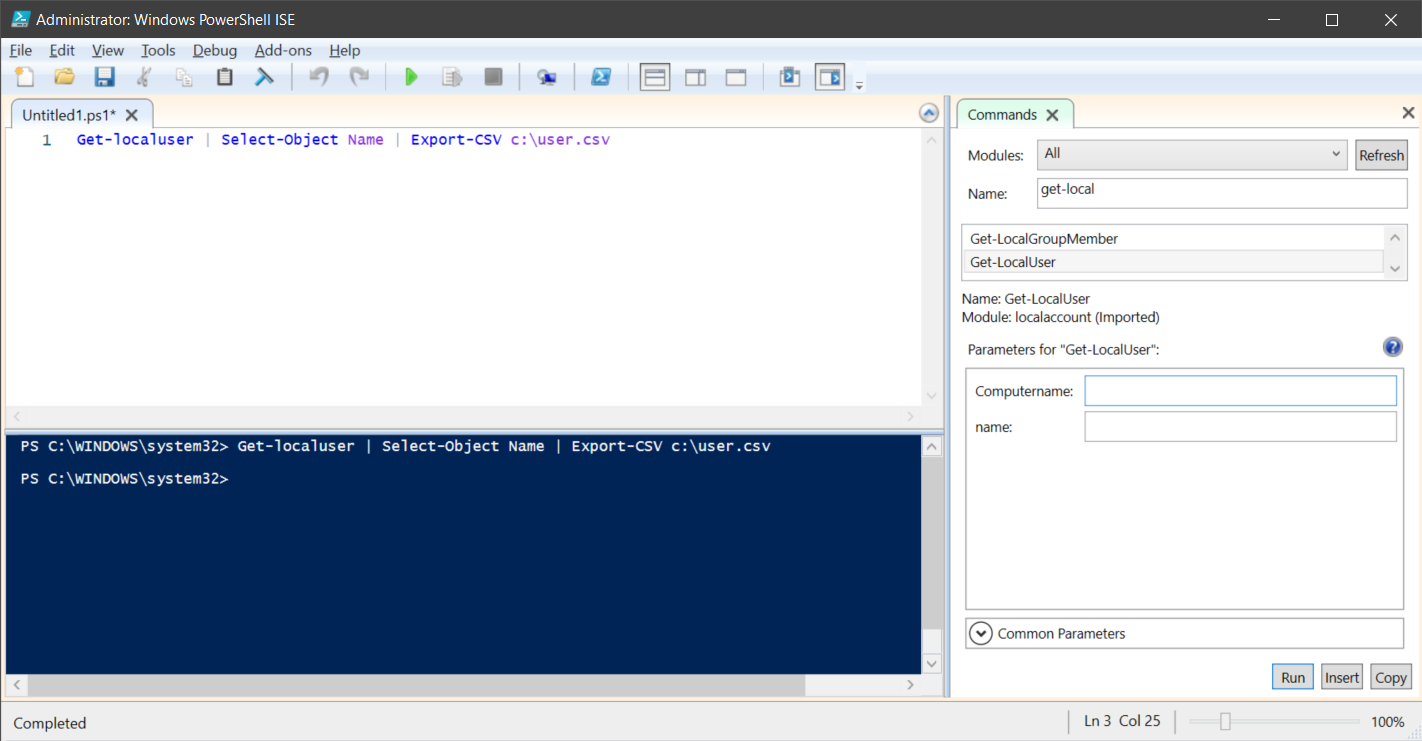 A screenshot of Administrator: Windows PowerShell ISE. The administrator has enabled the Command preview window. The administrator has just run Get-localuser in the untitled script pane.