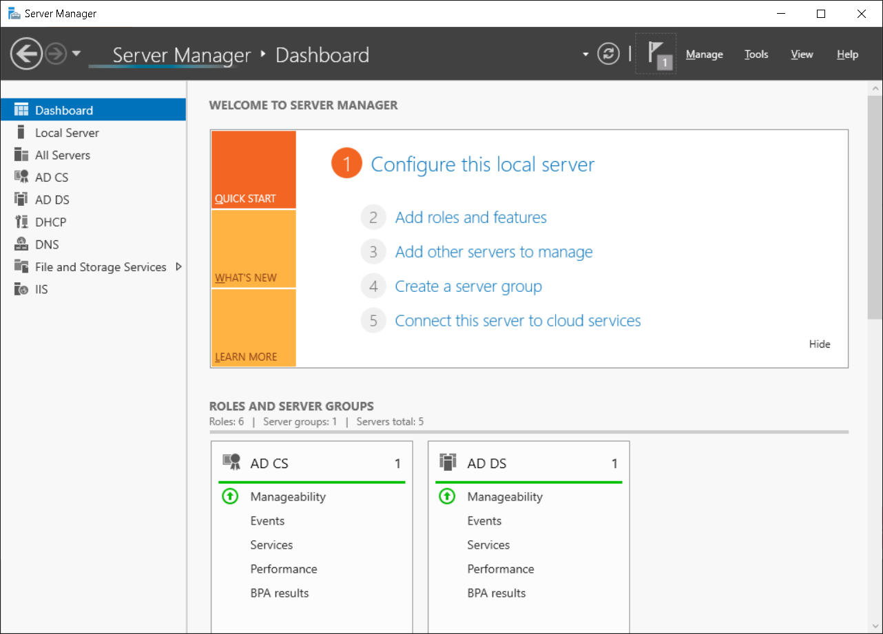 A screenshot of the Server Manager dashboard.