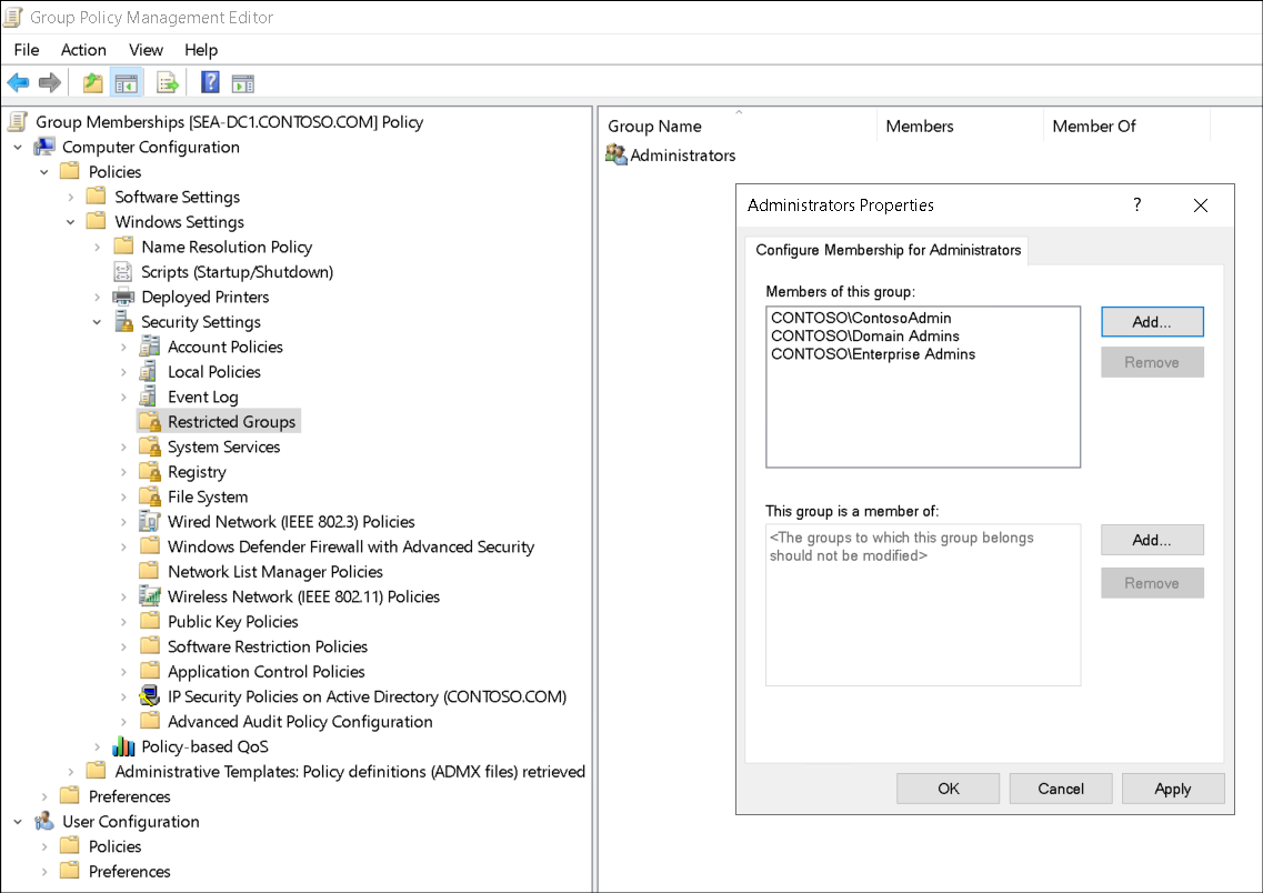 A screenshot of the Group Policy Management Editor. The administrator has navigated to Computer Configuration, Policies, Windows Settings, Security Settings, Restricted Groups. The administrator has added a group called Administrators, and added as members Domain Admins, Enterprise Admins, and ContosoAdmin.