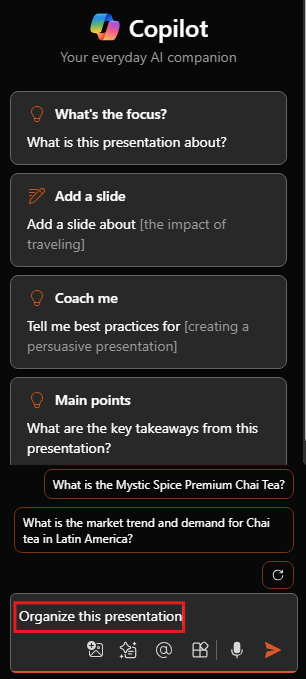 Screenshot of the Copilot panel in PowerPoint upon first opening.