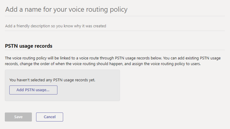 Screenshot of the Add voice routing policy page in the Microsoft Teams admin center 