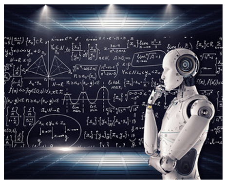 Diagram showing a robot looking at a chalkboard with math equations written on it.