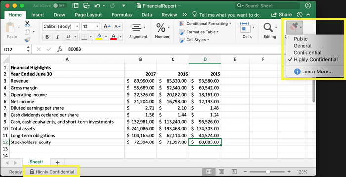 Screenshot showing available sensitivity labels in Excel, from the Home tab on the ribbon.