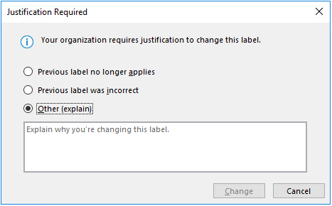 Screenshot of the sensitivity label window showing the justification required option.