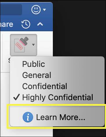 Screenshot showing the Learn More option at the bottom of the sensitivity label menu in Office apps.