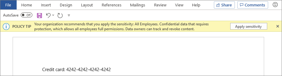 Screenshot showing a prompt to apply the recommended sensitivity label.