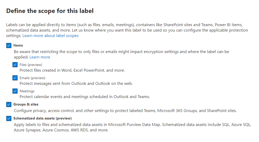 Screenshot showing Azure Purview assets option to define a label scope.