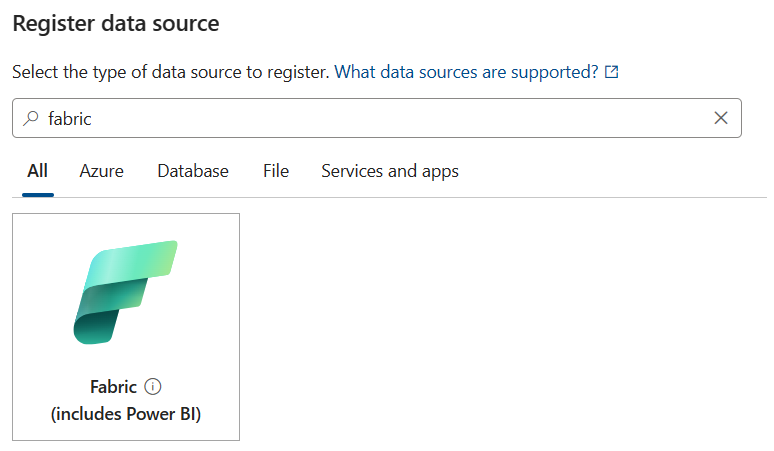 A screenshot showing how to select Fabric as a data source in Purview.