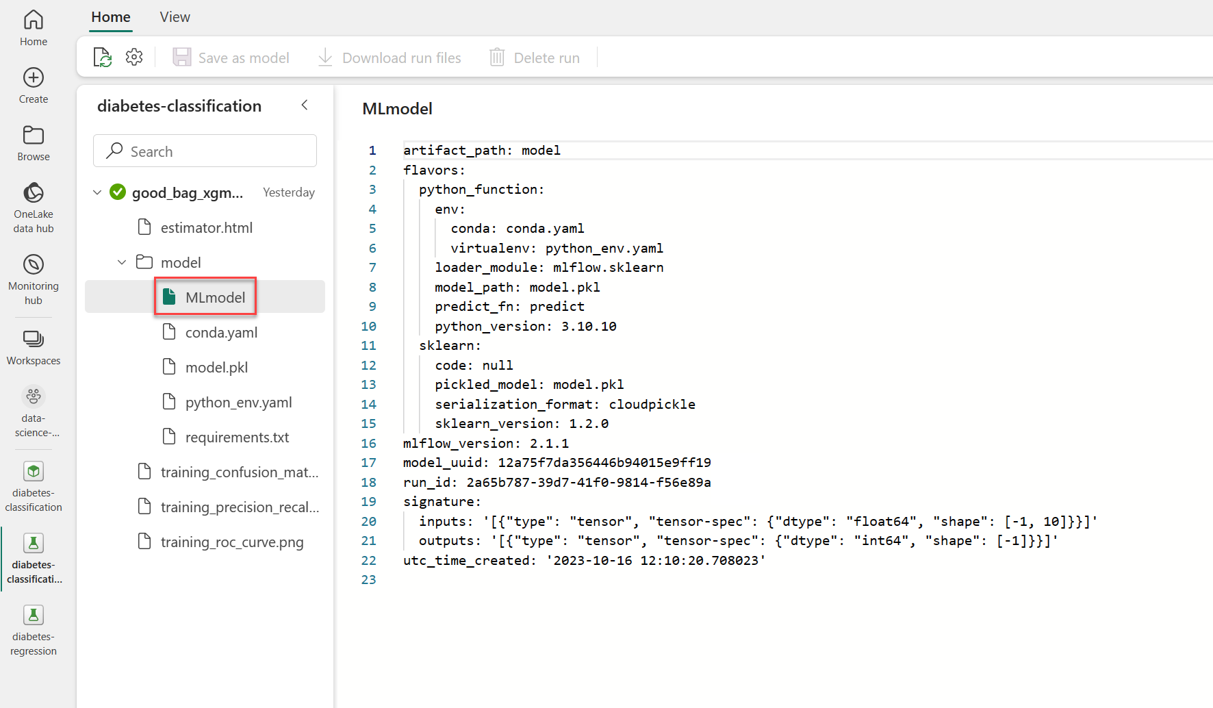 Screenshot of the model folder with the MLmodel file selected and opened.