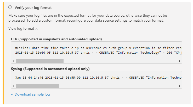 Screenshot of the Create New Cloud Discovery Snapshot Report wizard showing the Verify your log format page.