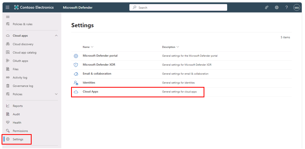 Screenshot of the Microsoft 365 Defender portal with the Settings feature and the Cloud Apps feature highlighted.