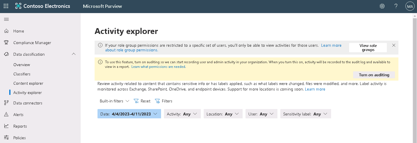 Screenshot showing the Activity explorer page in the Microsoft Purview compliance portal.