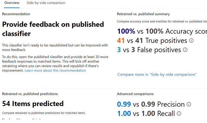 Screenshot of the Retraining Overview tab showing feedback on a data classifier once the system finishes retraining the classifier.