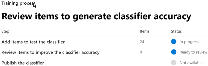 Screenshot of the training process page in which you review items to generate classifier accuracy.