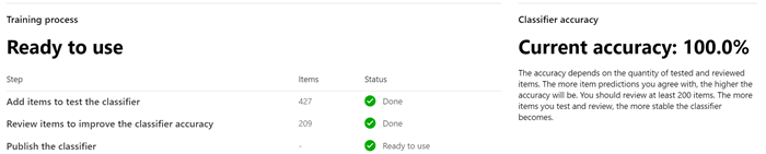 Screenshot of the review item page that indicates the classifier is ready to use.
