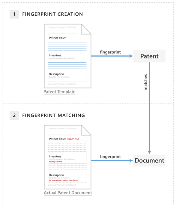 Diagram showing a patent document compared to the document fingerprint of a patent template.