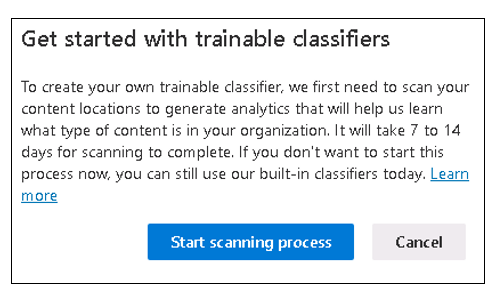 Screenshot of the dialog box that appears the first time you access the training classifiers page in the Microsoft Purview compliance portal.