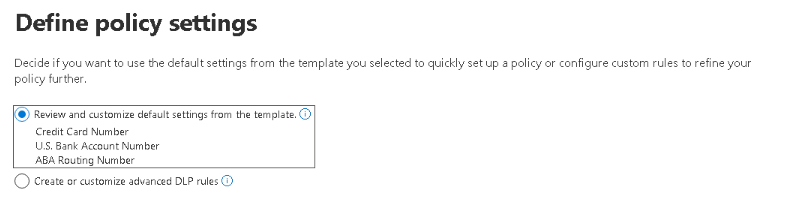 Screenshot showing the defined policy settings page in the create policy wizard.